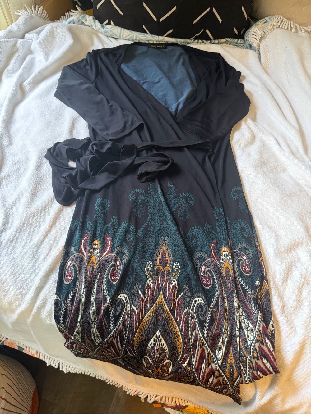 Banana Republic Wrap Dress with Teal and Burgundy Paisley Hem